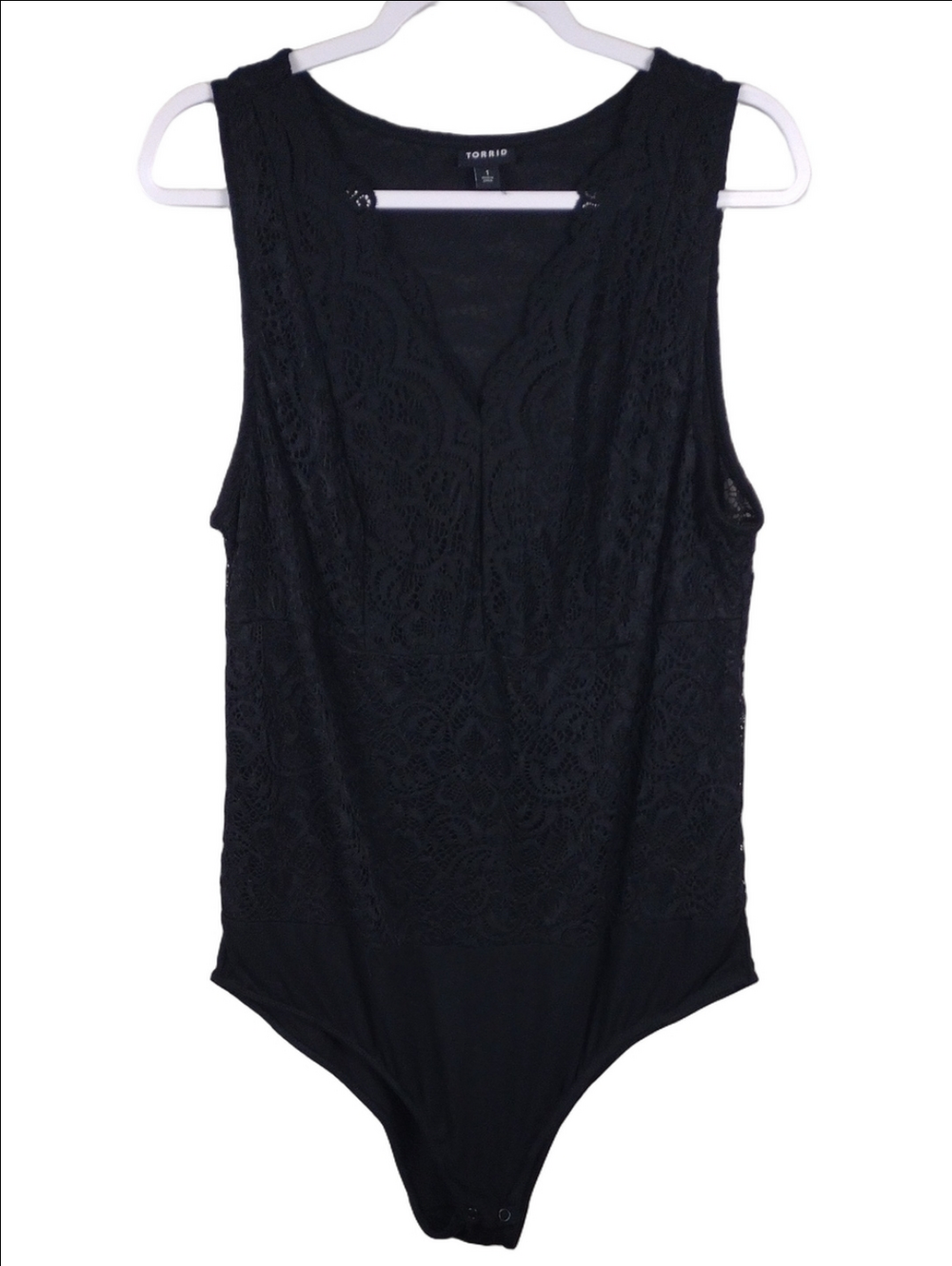 Torrid Black Crochet Lace Pleated V-Neck Sleeveless Snap Closure Bodysuit Top